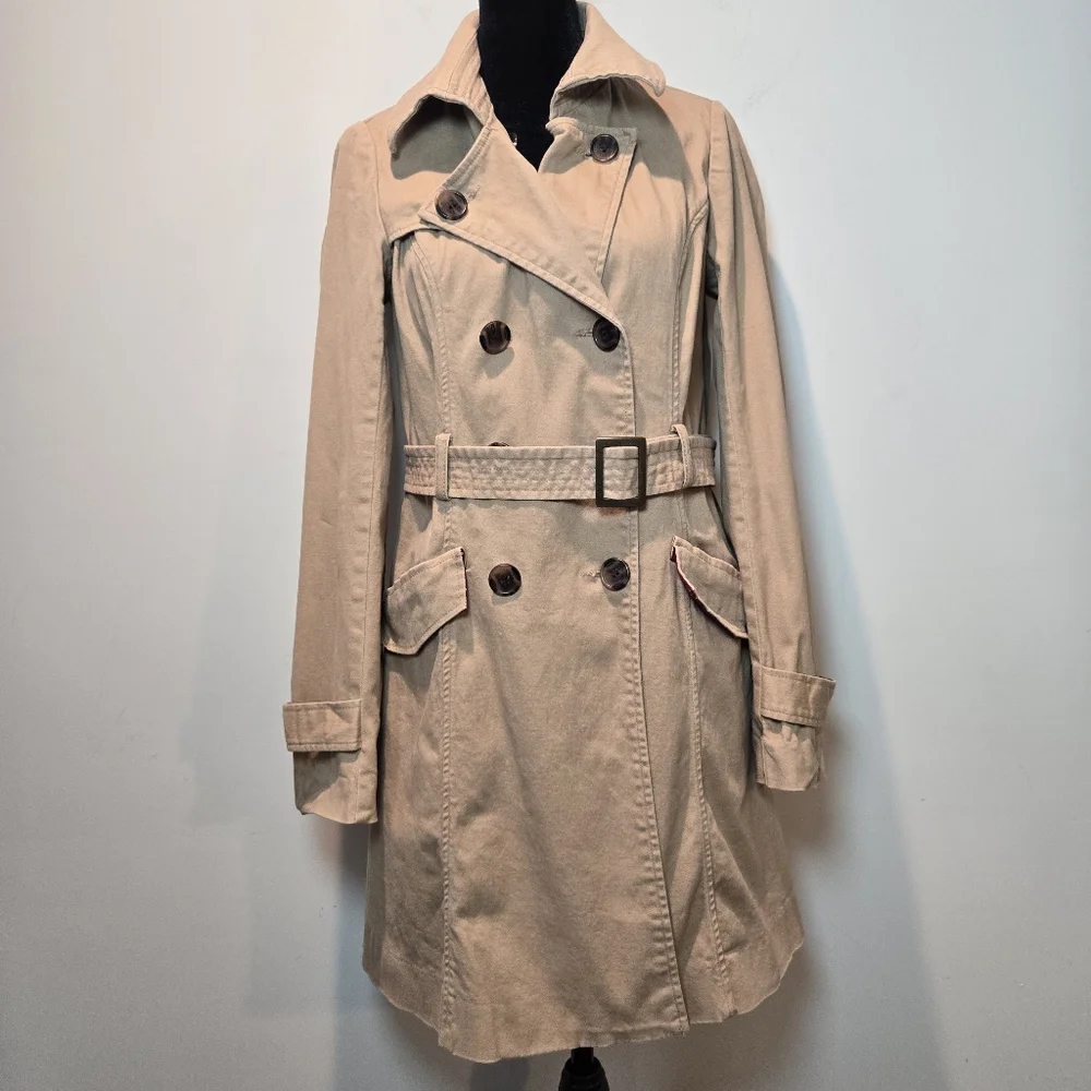 I Love H81 Junior's Y2k Beige Tan Button Up Trench Coat With Belt Medium